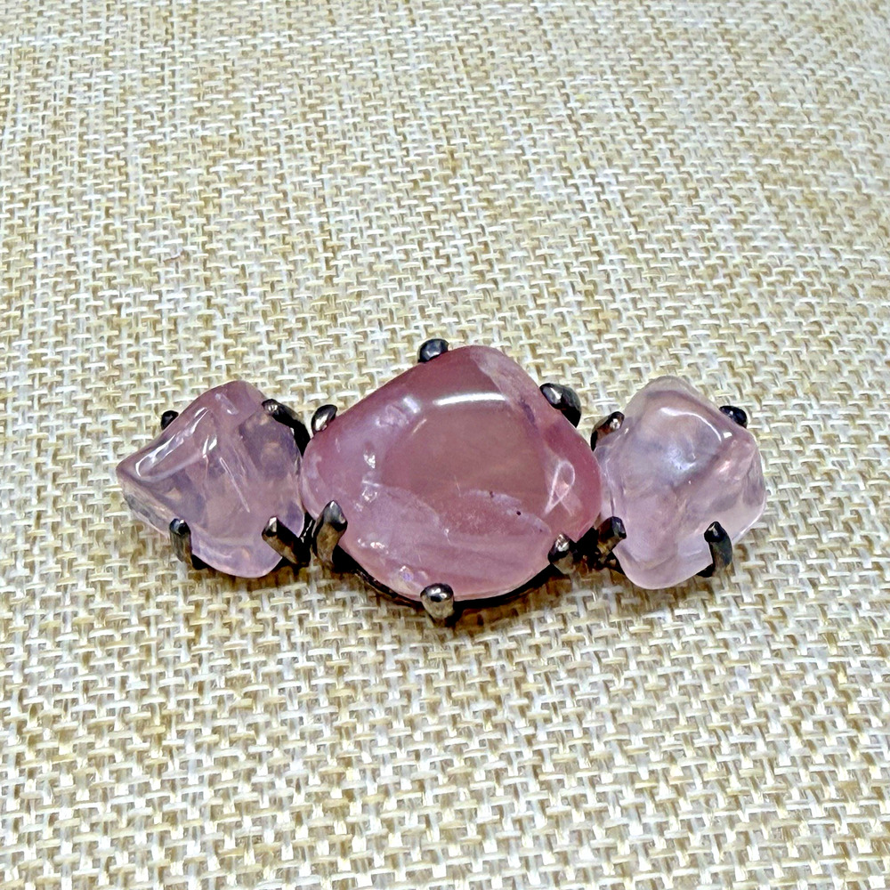 Vintage Polished Rose Quartz Stone Sterling Silver Vermeil Brooch Pin